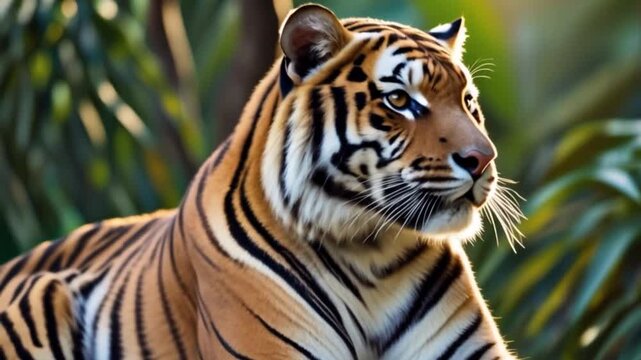 Bengal tiger among green foliage of jingle trees