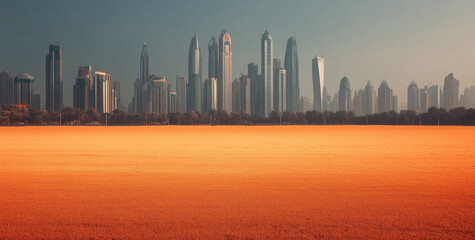 Obraz premium -Green grass football field with the Dubai skyline in the background