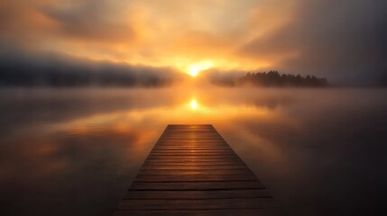 Obraz premium Sunrise over a lake with a wooden dock
