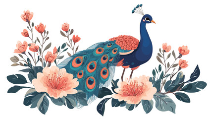 Fototapeta premium A digital illustration depicting a peacock positioned centrally within a floral arrangement. The peacock is rendered in shades of blue, teal, and orange-red, with detailed feather patterns. 