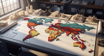 World map with colored countries on architect's desk