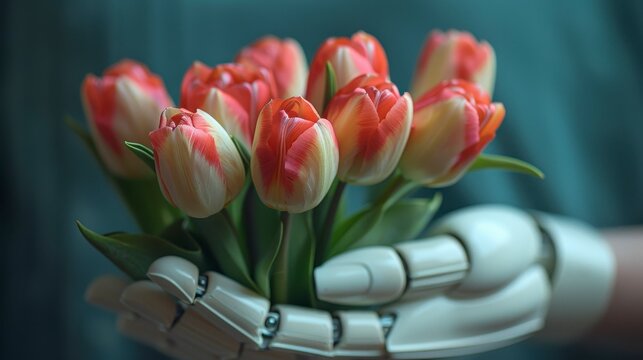 Red-tipped tulips in robotic hand against blurry green backdrop. Artificial, yet natural beauty