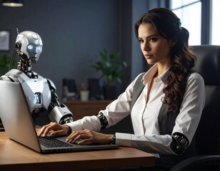 A futuristic office environment where a woman and a robot seamlessly exchange data and ideas, symbolizing the blend of technology and human insight.