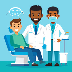 Fototapeta premium Smiling patient and two dentists in a dental office.