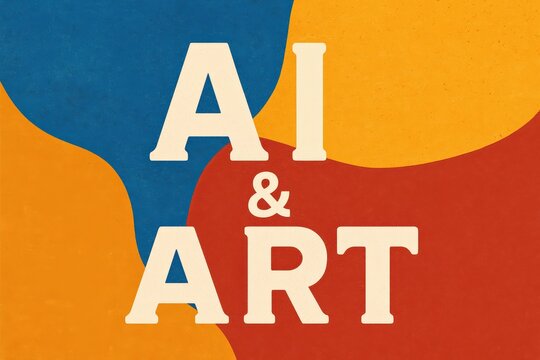 Retro AI Art Concept Shows Futuristic Fusion, blending digital intelligence with human creativity against vibrant blocks of primary colors.