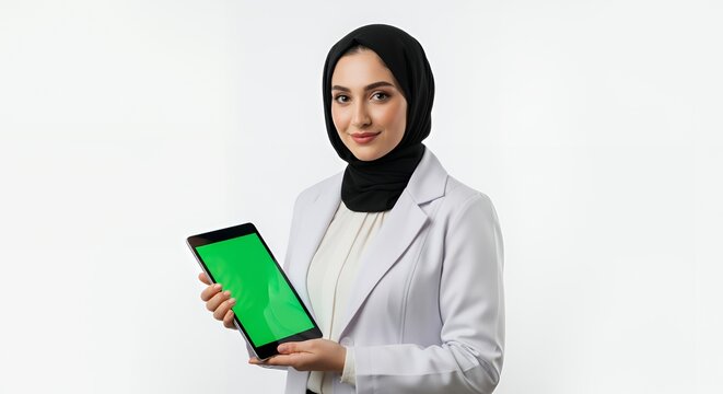 Smiling Muslim female doctor holding a tablet with a green screen. - Powered by Adobe