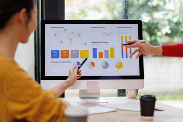 Analyze financial data and accounting record with calculator in meeting office, Accounting company charts and graphs banner, double exposure successful business finance and taxation planning concept.	