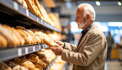 Elderly Man Buying Fresh Bread in Supermarket– Traditional Loaves, Rolls & Warm Shopping Experience