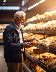 Elderly Man Buying Fresh Bread in Supermarket– Traditional Loaves, Rolls & Warm Shopping Experience