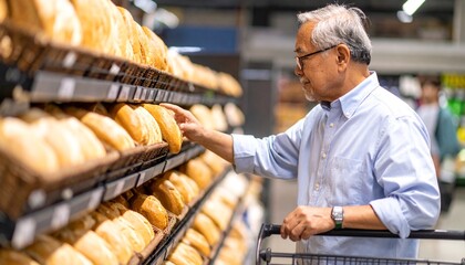 Elderly Man Buying Fresh Bread in Supermarket– Traditional Loaves, Rolls & Warm Shopping Experience