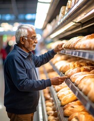 Elderly Man Buying Fresh Bread in Supermarket– Traditional Loaves, Rolls & Warm Shopping Experience