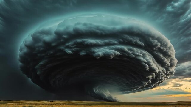 A huge storm cloud with a funnel cloud in the middle. The sky is dark and stormy