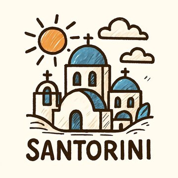 Charming Santorini village scene with iconic blue domes under a sunny sky