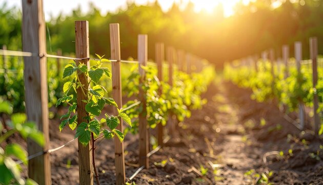Young raspberry plants in rows