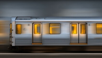 Suburban train moving swiftly at night.