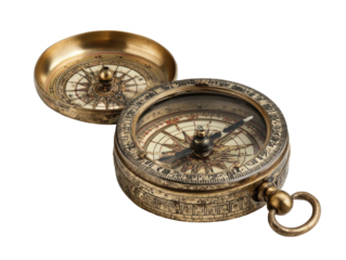 Antique navigation compass vintage collectible classic decor studio. Isolated on transparent background, png.