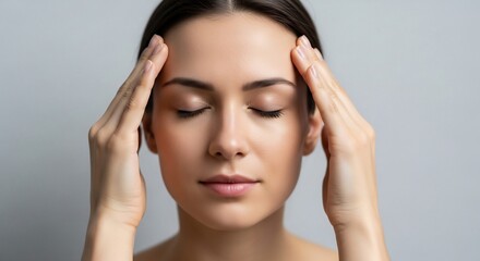 Fototapeta premium Woman Relieving Headache Pain by Massaging Temples for Relaxation and Wellness