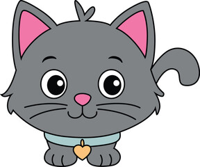Cute Grey Cartoon Kitten with a Collar