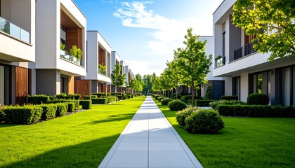 Serene modern residential complex with manicured lawns and tree lined walkway