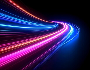 Abstract neon light trails curving through dark space