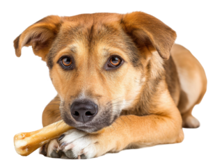 Playful dog chewing bone at home pet photography indoor setting. Isolated on transparent background, png.