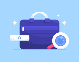 Job search concept. Looking for job information. Looking for recruitment information. Illustration of a briefcase with a magnifying glass. flat style design. Elements or assets. Blue background