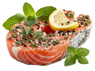 Grilled salmon recipe kitchen food photography culinary close-up. Isolated on transparent background, png.