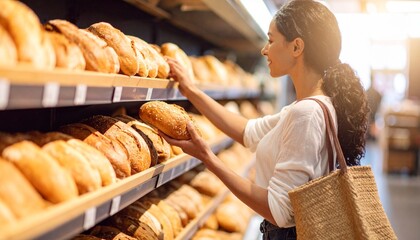 Young Woman Buying Fresh Bread in Supermarket– Traditional Loaves, Rolls & Warm Shopping Experience
