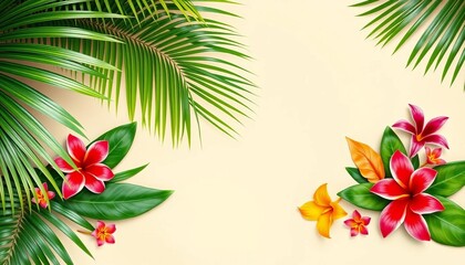 Lush green palm leaves & vibrant tropical flowers on a soft sandy beige background,   tropical paradise,  flowers