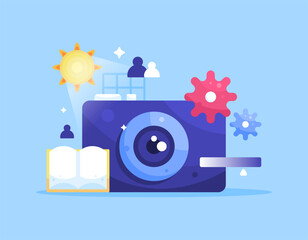 Obraz premium concept of learning to take photos. photographer. world photography day. illustration of a digital camera with symbols of the sun, book, and gears. lessons and education. elements or assets