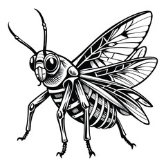 Detailed Black and White Illustration of a Grasshopper with Intricate Wing Patterns and Prominent Antennae Against a White Background