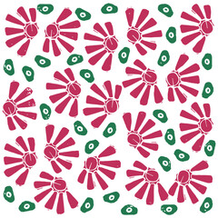 Handmade red floral and green dot pattern. Imperfect stamp vector design.