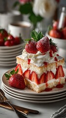 A delicious slice of layered strawberry shortcake topped with whipped cream, fresh strawberries, and a drizzle of strawberry sauce.
