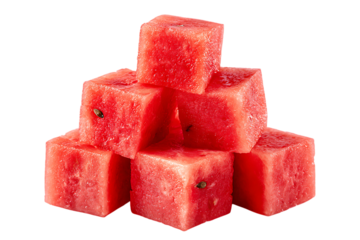 On transparent background a neat stack of six cubed watermelon pieces showcasing their bright red flesh and