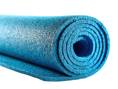 Yoga mat preparation for fitness classes home studio relaxed view. Isolated on transparent background, png.