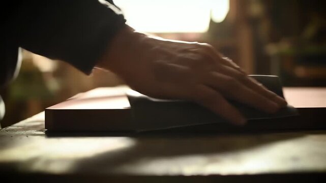 Cinematic close up of a carpenter sanding a wood plank by hand in a warm workshop
