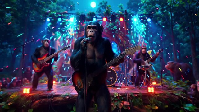 Chimpanzee Rock Band Performing Live Concert in Tropical Jungle with Cinematic Stage Lighting and Confetti