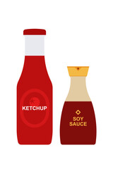 Ketchup bottle and soy sauce bottle side by side. Condiment containers for cooking and serving food. Simple illustration, stock flat vector, isolated.