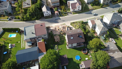 Demolition and construction work during the removal of an old building in a village. Heavy...