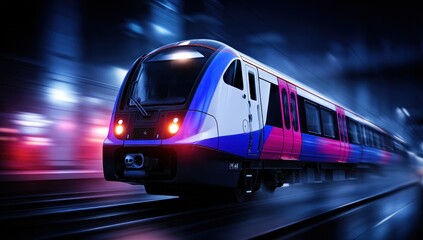 Fast train moving through a nighttime urban station.