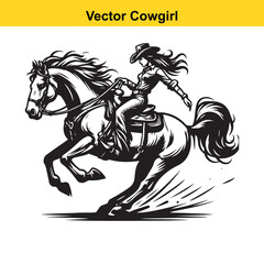 Obraz premium Cowgirl & Racing Horse – Vector Line Art.