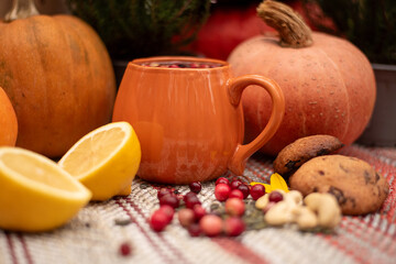 Seasonal Autumn Composition with Pumpkins, Cookies and Citrus