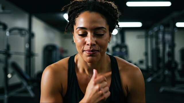 Portrait of happy smiling african american woman in gym. Fitness, sport and healthy lifestyle concept. Motivation for workout and training. For gym membership or personal trainer banner