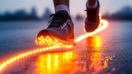 Runner shoes illuminate path with glowing lights, creating dynamic and futuristic scene on dimly lit road. vibrant orange glow adds energy and motion to image