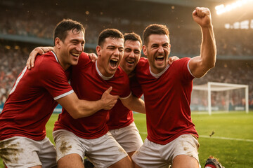 Full-body group shot of male soccer players celebrating goal with joy and emotion on field. Concept of summer sport, teamwork, success, unity, emotion, and elite match performance.