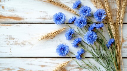 Obraz premium Rustic summer composition with blue cornflowers and wheat on wooden background