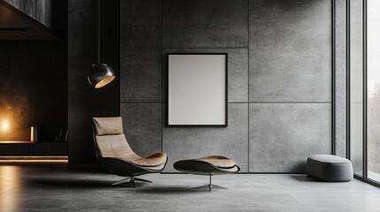 A modern living space features a tan leather lounge chair and ottoman, a large framed poster on a grey concrete wall, pendant lighting, and a large window with a view