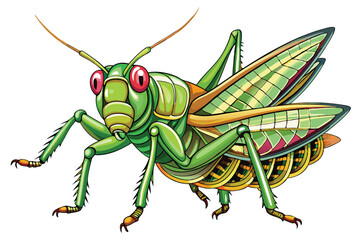 Detailed Illustration of a Colorful Grasshopper with Intricate Wing Patterns and Striking Red Eyes, Depicting Insect Anatomy in Artistic Style