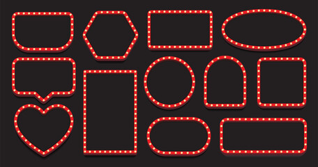 Retro lightbox vector template set different form with lightbulb isolated on black background for party poster, banner advertising, promotion and sale billboard, cinema, bar show or restaurant. 10 eps