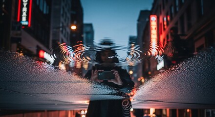 City Reflection: Person Photographing in Puddle at Night